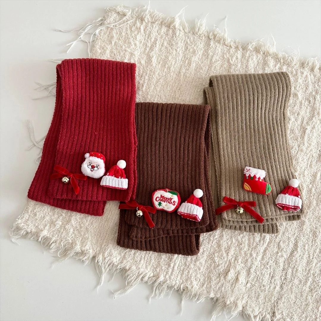 Kids Christmas Knitted Scarf Girls Boys Santa Snowman Bell Warm Soft Winter Outdoor Holiday Party Child Neck Warmer Accessory