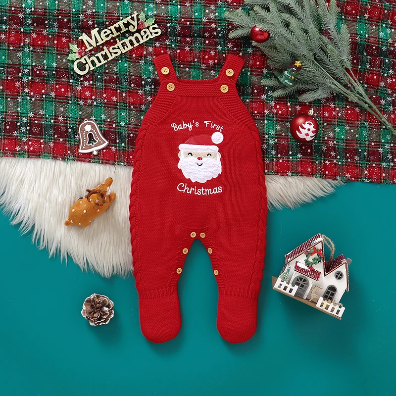 Christmas Baby Romper Knitted Cute Santa Claus Newborn Girl Boy Jumpsuit Sleeveless Infant Kid Sling Clothes 0-9M Xmas Overalls