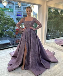 Glamorous Evening Dresses A-line Square Appliques Long Sleeves Sweep Train Split Formal Occasion Prom Dress Vestido De Noite