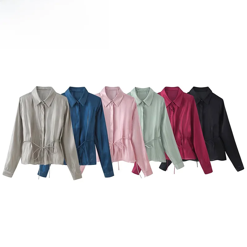 

Fashionable Knot Shiny Effect Shirt ZR Spring New Arrival Women's Polyester Long Sleeve Button up Collar Shirt
