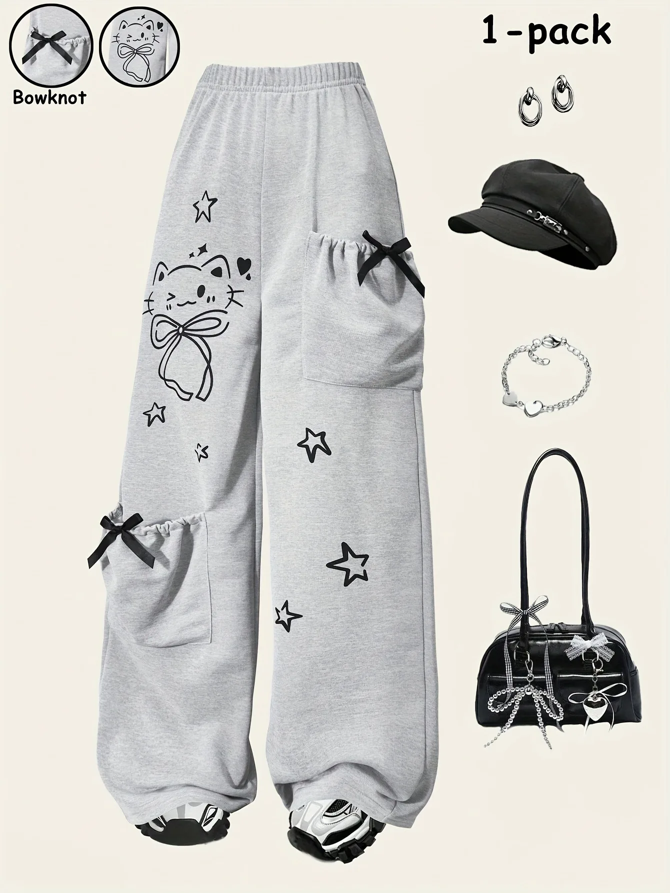 Kinder Mädchen 1er-Pack Hose mit Katzen- und Sternmuster, Schleifendekoration, weites Bein, weiche, bequeme, lässige Streetwear-Jogginghose – Detail 3