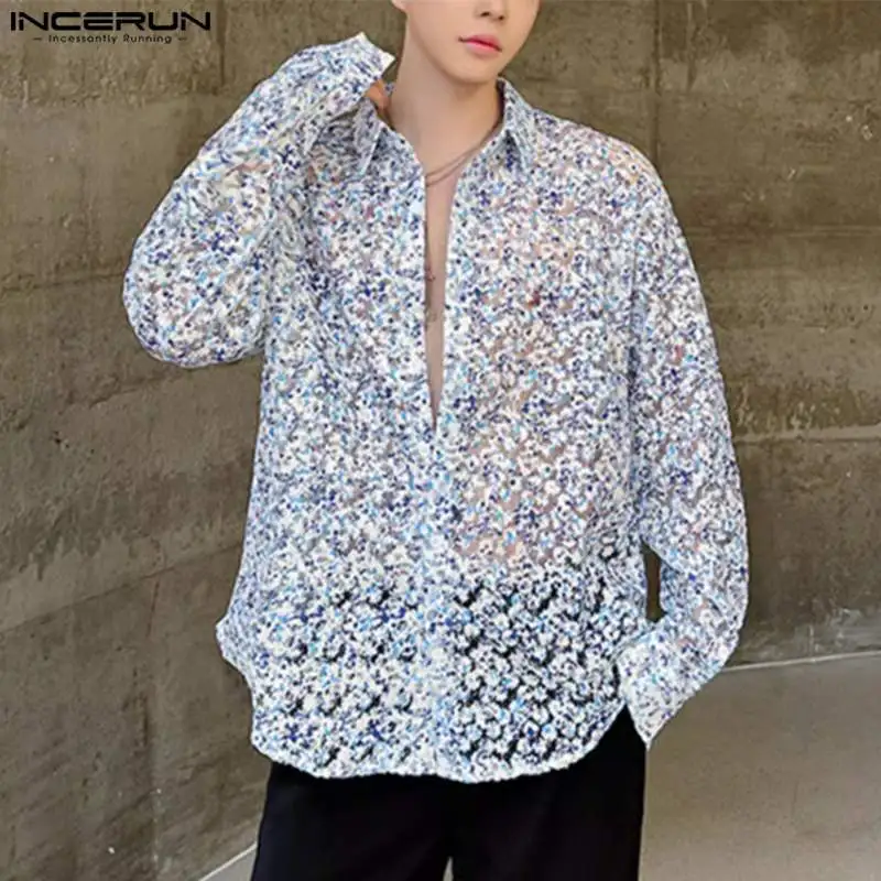 2024 Men\'s Shirt Printing Lapel Long Sleeve Transparent Loose Men Clothing Streetwear Fashion Casual Male Shirts S-5XL INCERUN