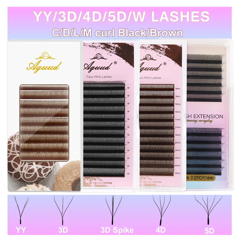 AGUUD Brown 4D W Eyelash YY 3D 4D 5DW Shaped Spike Clover Eyelash Extension 3D Fairy Blooming Natural Woven YY Individual Lashes
