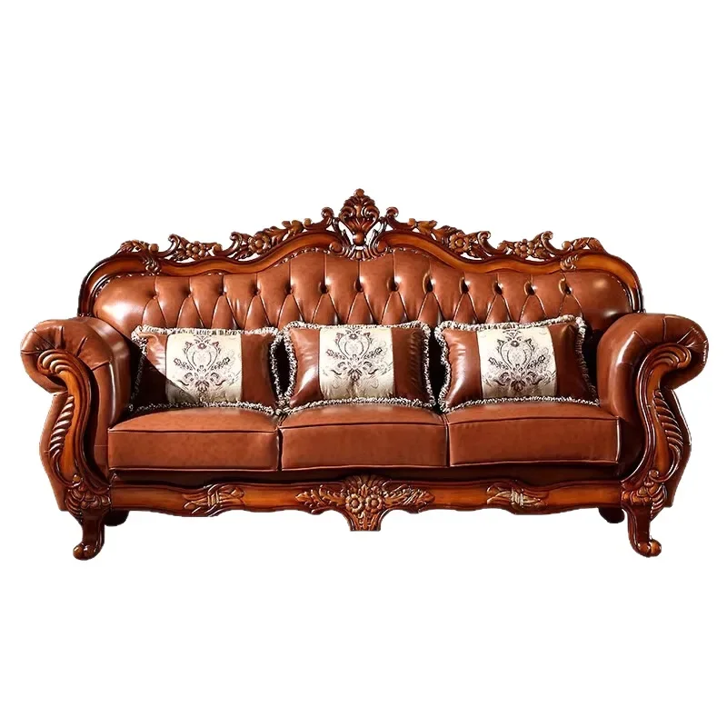 European leather sofa combination solid wood double-sided carved luxury living room French high-end first-layer cowhide explosiv
