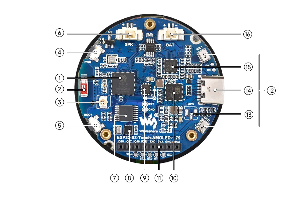 ESP32-S3 1.75inch AMOLED Round Touch Display Development Board, 32-bit LX7 Dual-core Processor, 466×466 Pixels, QSPI Interface