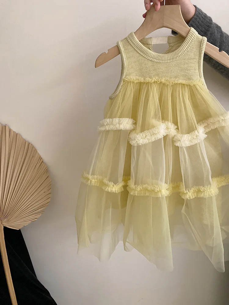 Vestido de hadas para niña, novedad de verano 20225, vestido elegante sin mangas de retazos de malla, vestido de princesa elegante para niños