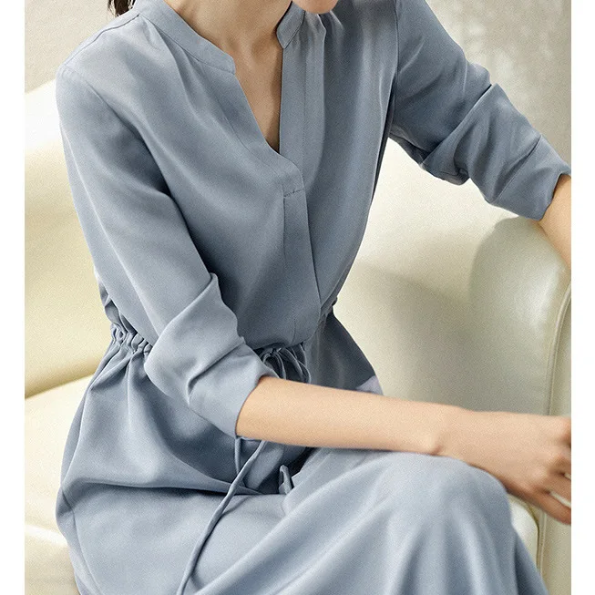 Elastisches Krepp-Seidenkleid für den Sommer, neues Damen-Hemd mit hoher Taille