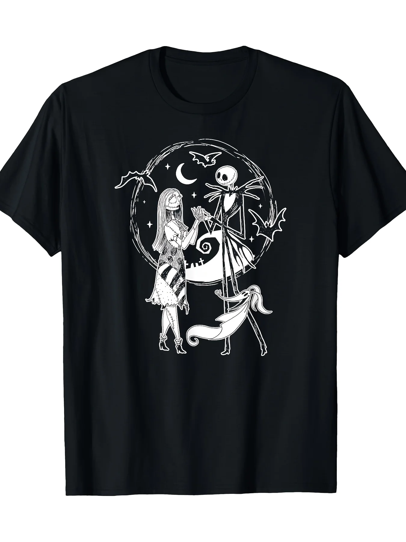 

Christmas Eve Scar Jack, Sally, and Zero Pattern T-shirt - Black Background, White Print Cartoon Print, Regular Round Neck