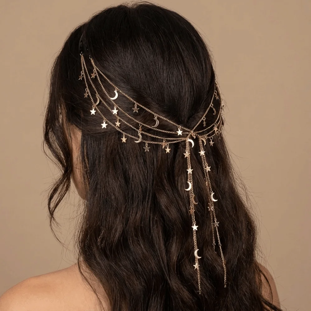 Vintage Moon Star Braided Hair Chain Boho Tassel Hair Accessory Gold Silver Elegant Headpiece Daily Wear