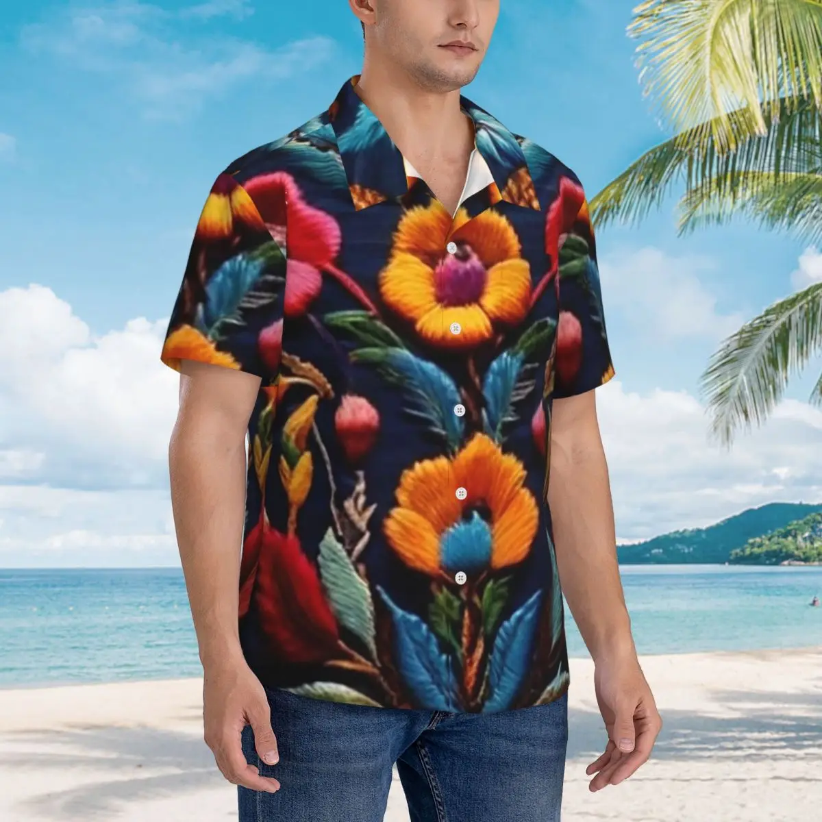 Mexicaans borduurwerk bloemen herenoverhemden Hawaiiaans overhemd met korte mouwen Casual reverstopjes voor zomerstrand