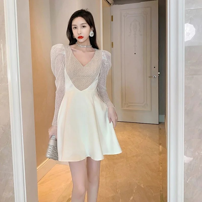 Frühling 2024 Damen Sweet Tulle Bubble Sve V-Ne Waist-Cinching Slim Satin A-Line Dr High Waist Long Sve Basic Sle