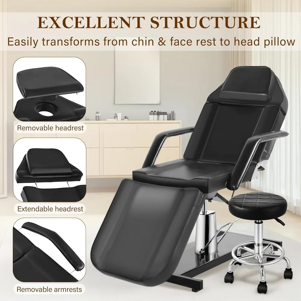 Hydraulic Facial Tattoo Chair Bed 360° Swivel w/ Stool Extended Head Spa Removable Armrests Salon Spa Equipment, Custom