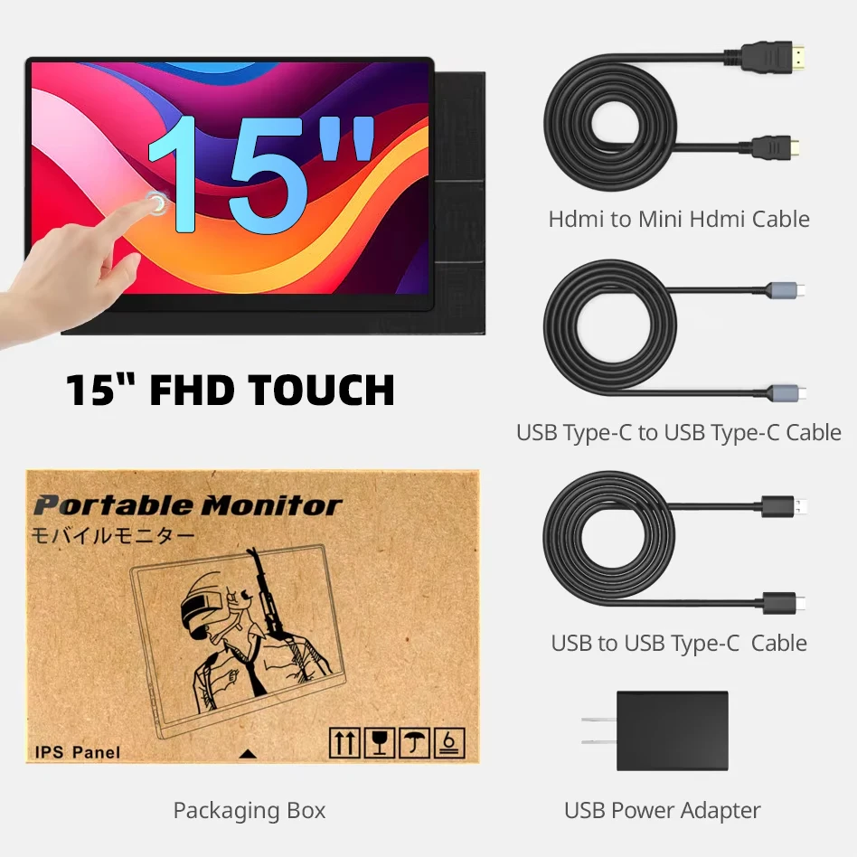 Touchscreen 15 "draagbare monitor Full HD Kantoor Aluminium Tweede externe IPS-scherm voor laptop XBox PS4/5 Switch Telefoon PC