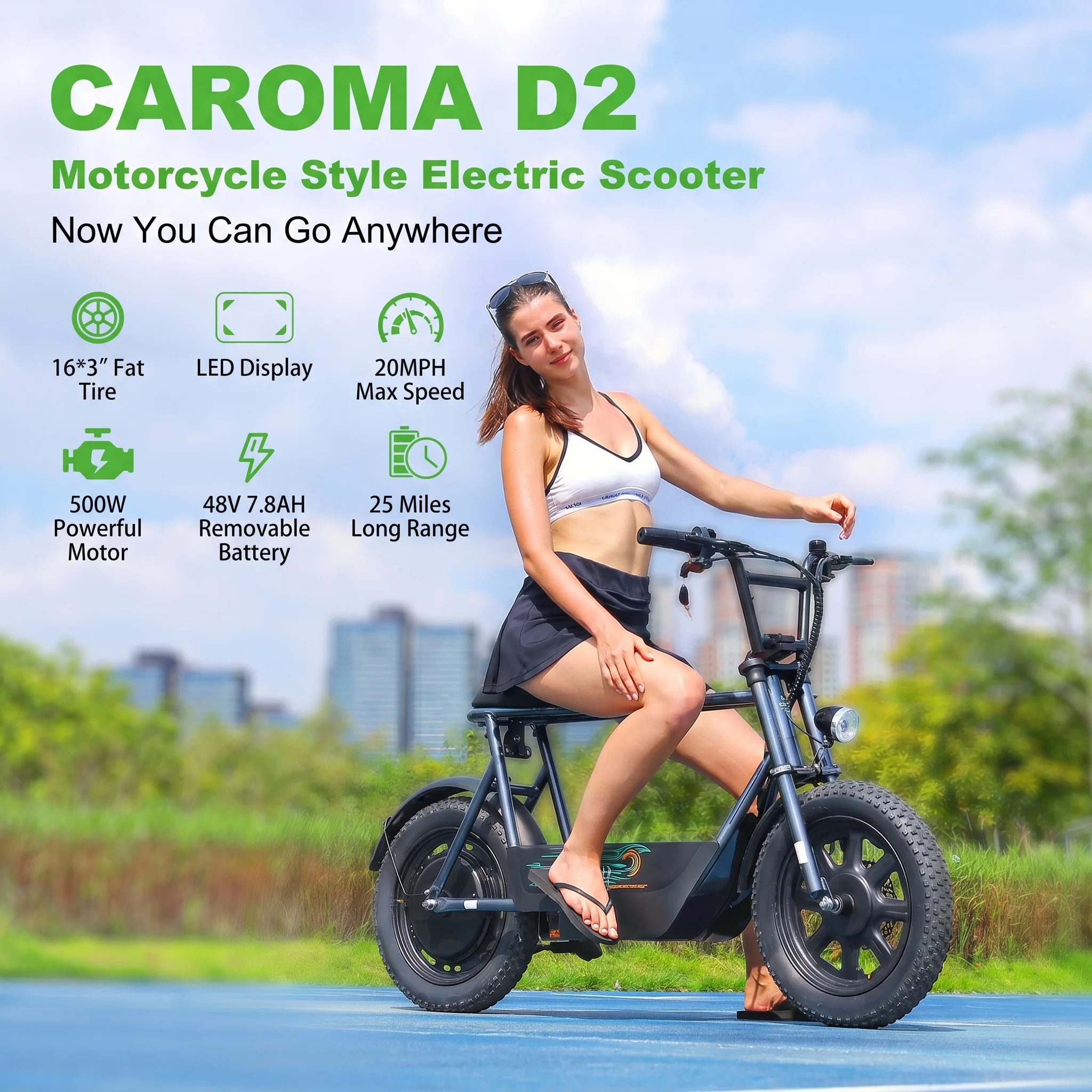 500W Caroma Electric Scooter with Seat for Adults, 16 Inch Fat Tire, Multiple Suspension, Electric Motorcycle Mini Bike with Basket for Pet S & Cargo