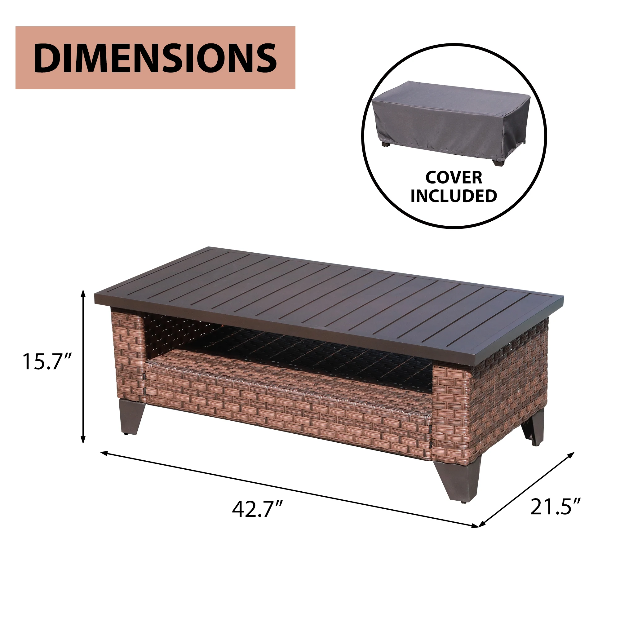 JARDINA Furniture Wicker Coffee Table with Waterproof Cover Brown Synthetic Rattan Wicker Table with Slat Top