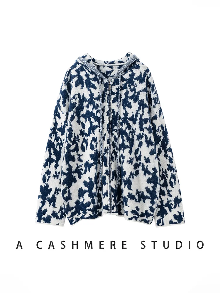 

High Quality New Women 100% Cashmere Sweater Blue and White Porcelain Hooded Zipper Cardigan Autumn Winter Soft Thick Casual Top