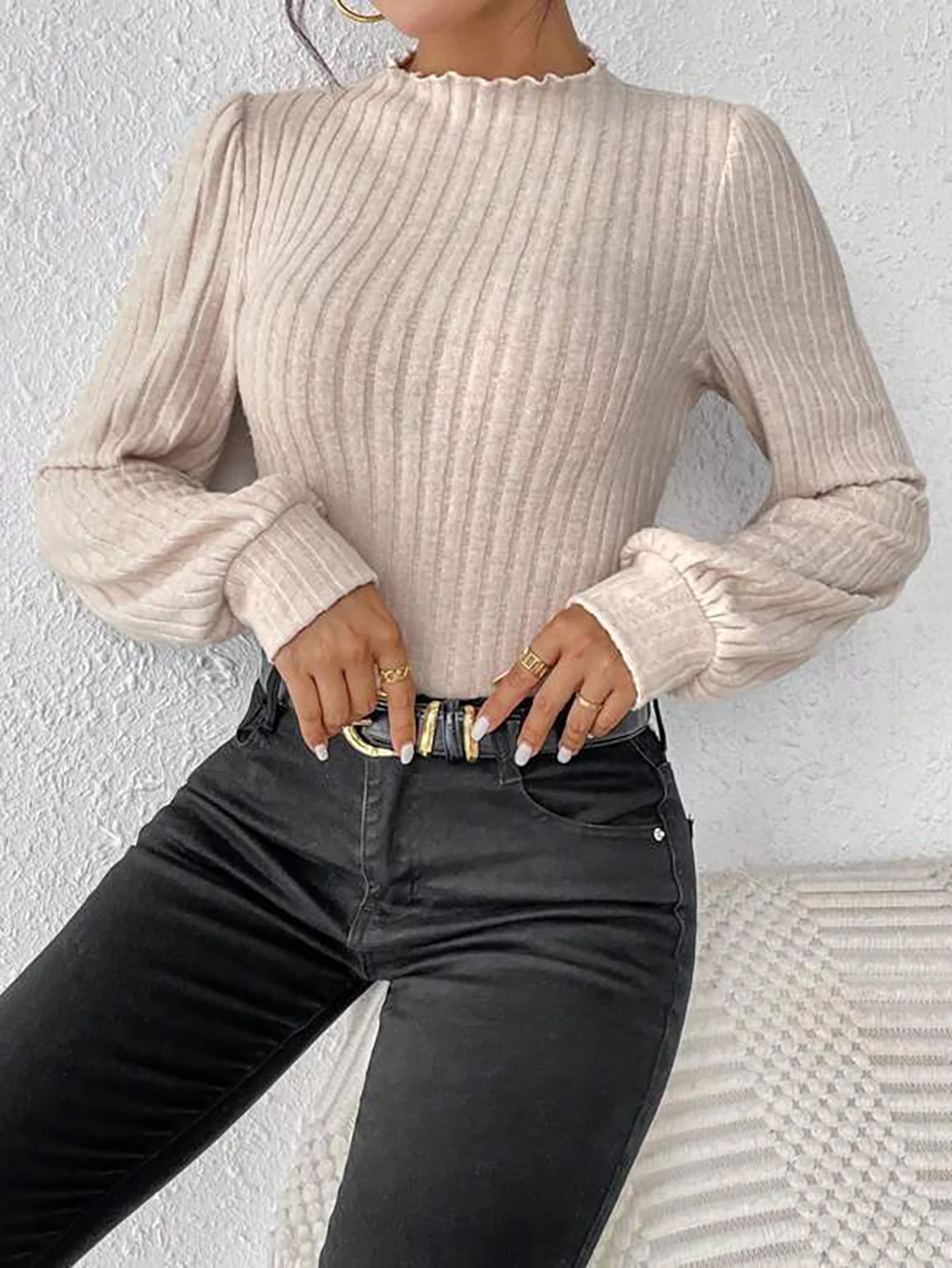 

Ribbed Knitted Skinny Body Suit Top for Women Lantern Sleeve Women's wavy stand collar Bodysuit 2023 New Autumn Winter Outfits