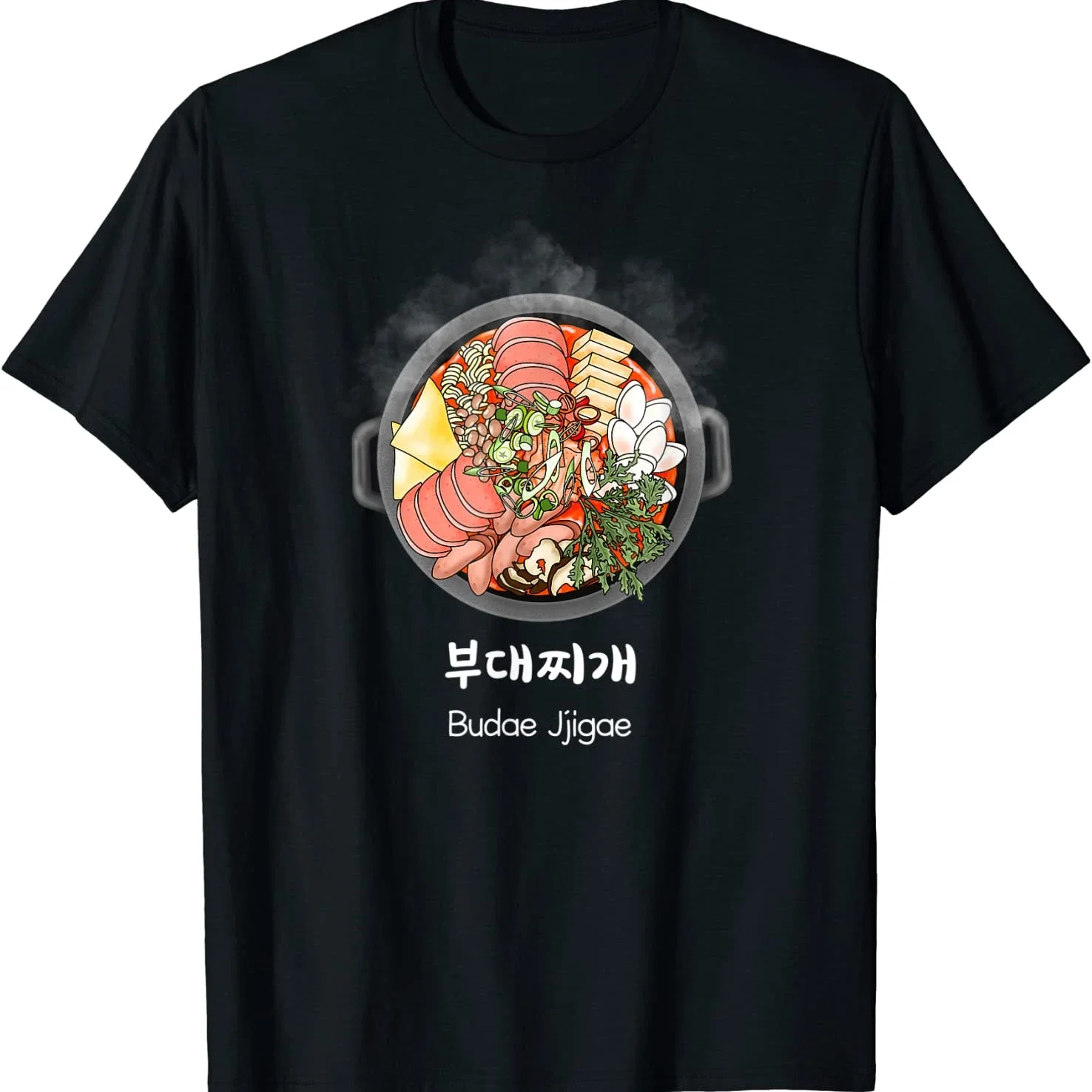 Budae Jjigae. Estufado de base del ejército. Carta coreana HANGUL. Camiseta de comida coreana. Camisetas casuales de manga corta 100% algodón Top suelto