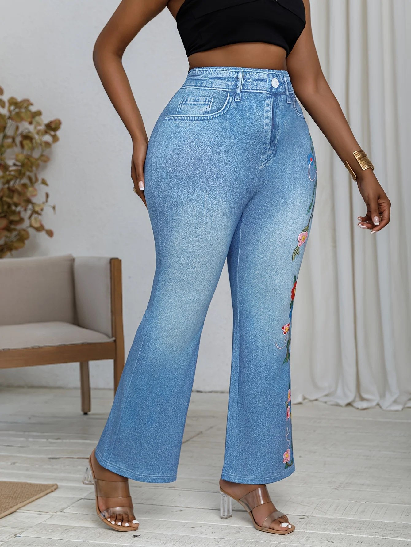 Plus Size Women's Denim-Style Bell Bottom Pants with Floral Print Design High Elasticity Comfortable Fashionable Wide Leg Pants