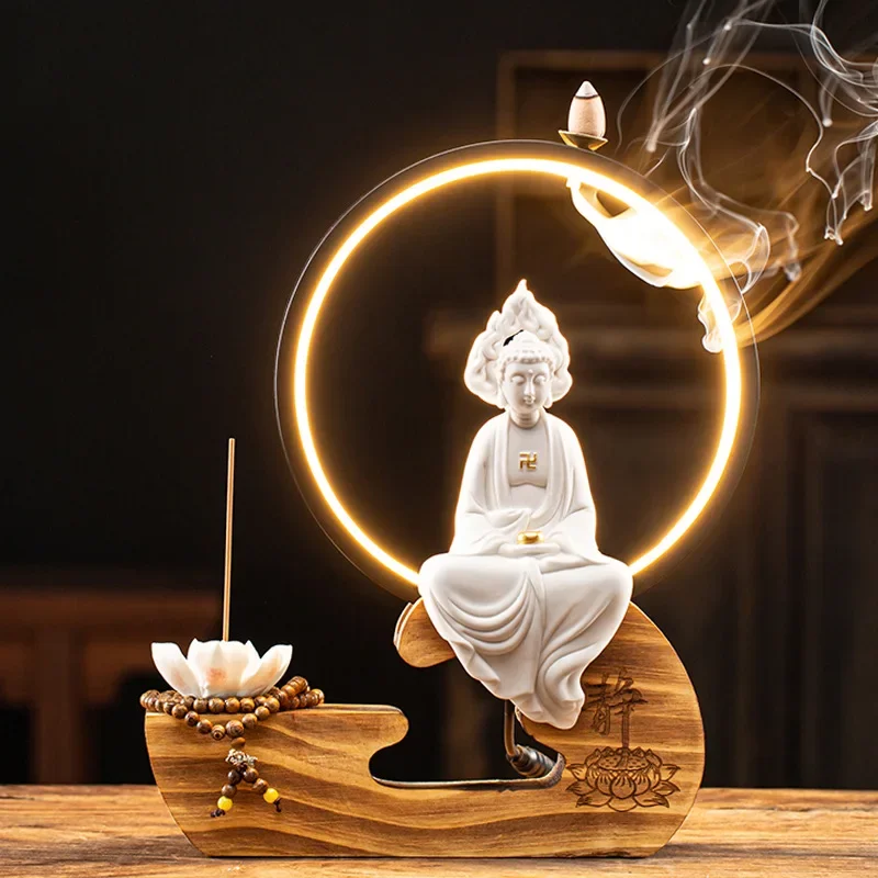 Chinese Incense Burner with Lamp Circle and Backward Flow Tathāgata Guanyin Tabletop Decorations Incense Burner Waterfall