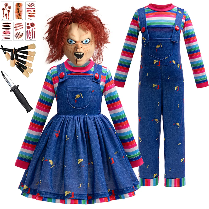 Kids Halloween Ghost Bride Chucky Costume Carnival Boys Girls Striped T-shirt Denim Print Overalls Masquerade Party Clothing Set