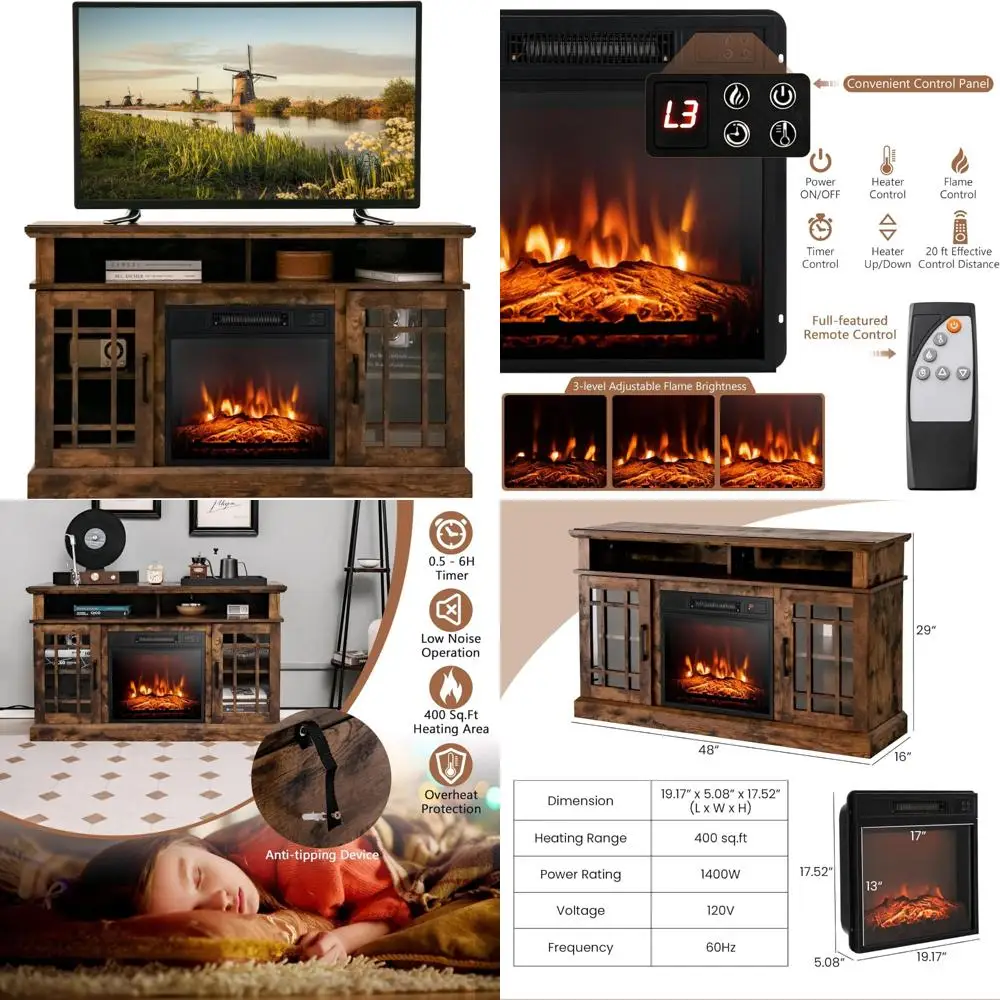 공간 절약형 전기 벽난로 TV 스탠드, 18인치 삽입형, 리모컨, 과열 방지, 최대 55인치 TV까지 적합