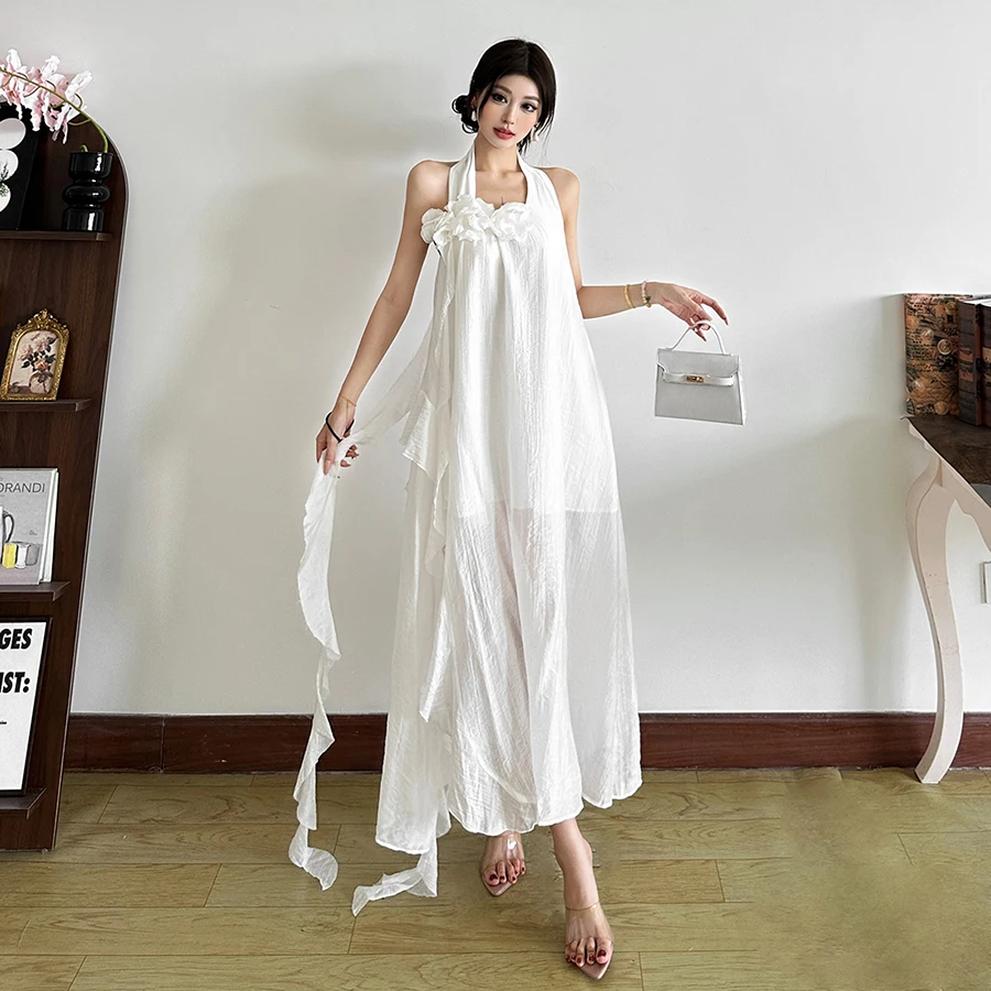 SylCue 3D 꽃 장식 주름진 우아한 드레스 여성 홀터넥 오프 슬리브 어깨 백리스 여름 휴가 해변 파티 의상