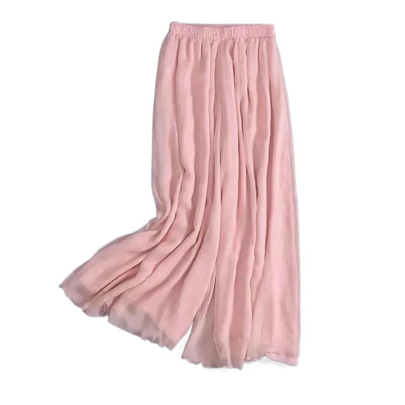 سراويل نسائية واسعة الساق مزدوجة الطبقات سراويل طويلة غير رسمية فضفاضة من الشيفون الأسود عالية الخصر للنساء