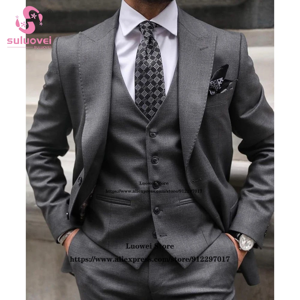 

Fashion Slim Fit Wedding Suits For Men 3 Piece Jacket Vest Pants Set Male Business Blazer Formal Party Groom Peaked Lapel Tuxedo