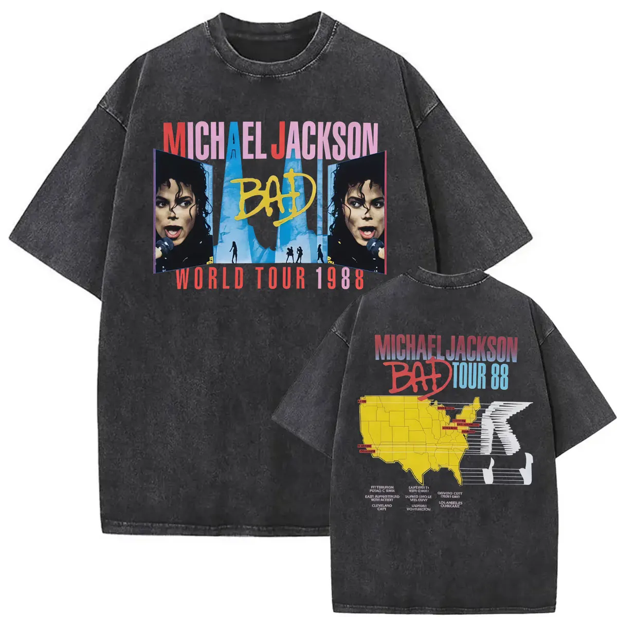 Vintage Washed Michael Jackson Bad Tour 1988 Trendy Graphic T Shirts Gift for Men Women Hip Hop Style Fashion T-shirt Streetwear