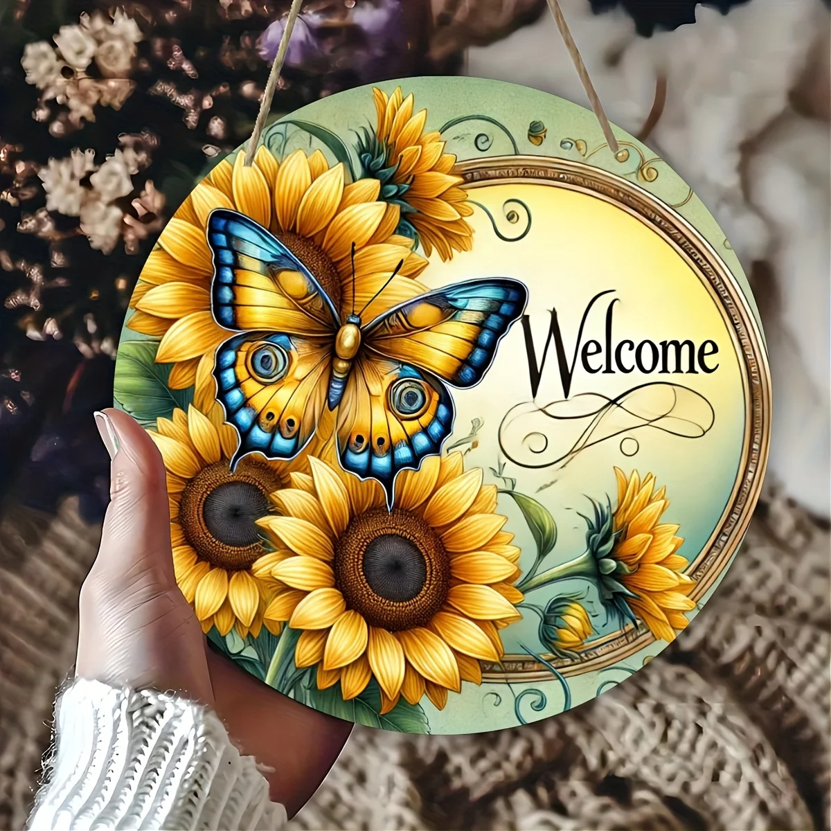 2D Flat, Vintage Butterfly Sunflower Welcome Sign - Rustic Farmhouse Style Door, Wall, and Porch Decoration, 2D Wooden Hanging A