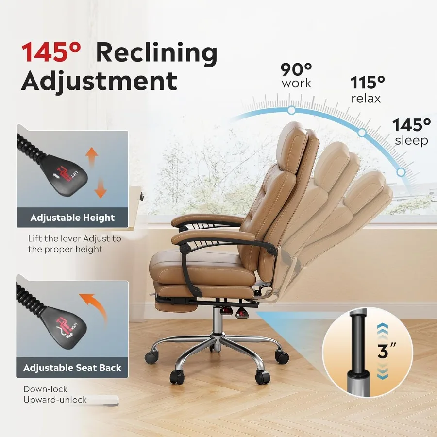 كرسي مكتب منزلي من الجلد التنفيذي مع مسند للقدمين وظهر مرتفع وكرسي مكتب مريح كبير وطويل مع مقاس L #5