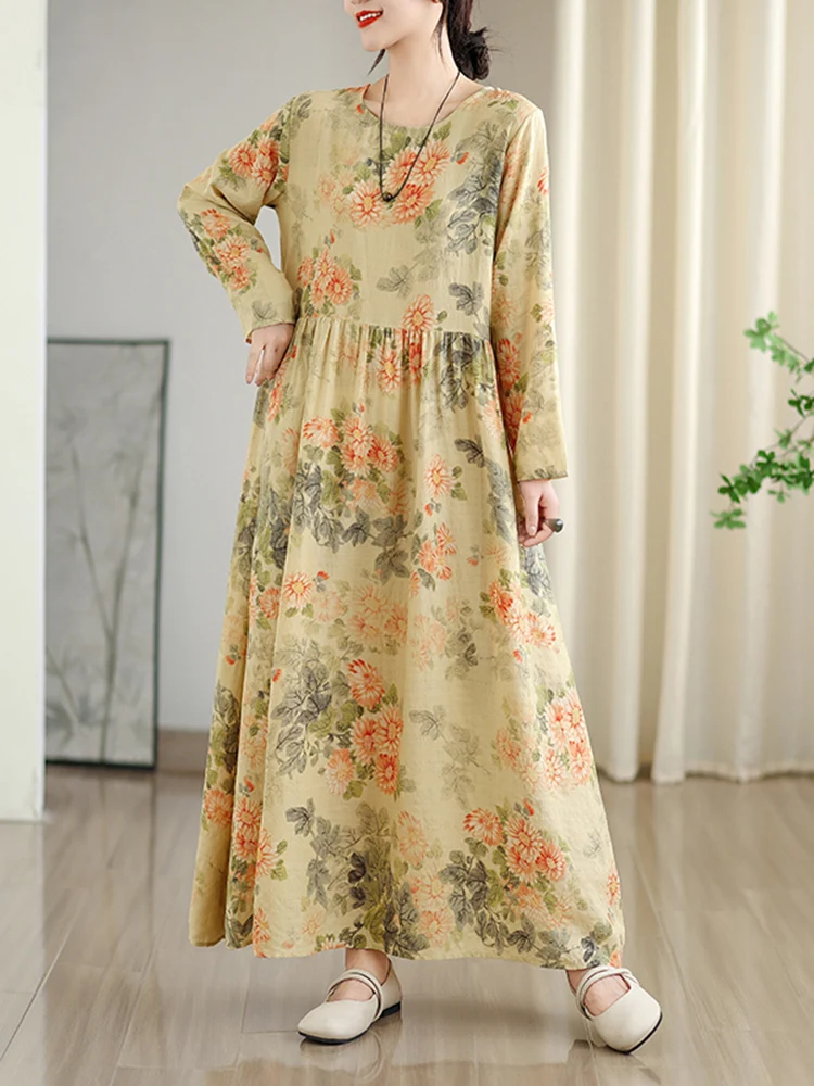 2023 frühling Herbst Neue Langarm Baumwolle Floral Vintage Lange Kleider Für Frauen Casual Lose Elegante Kleid Femme Robe Kleidung