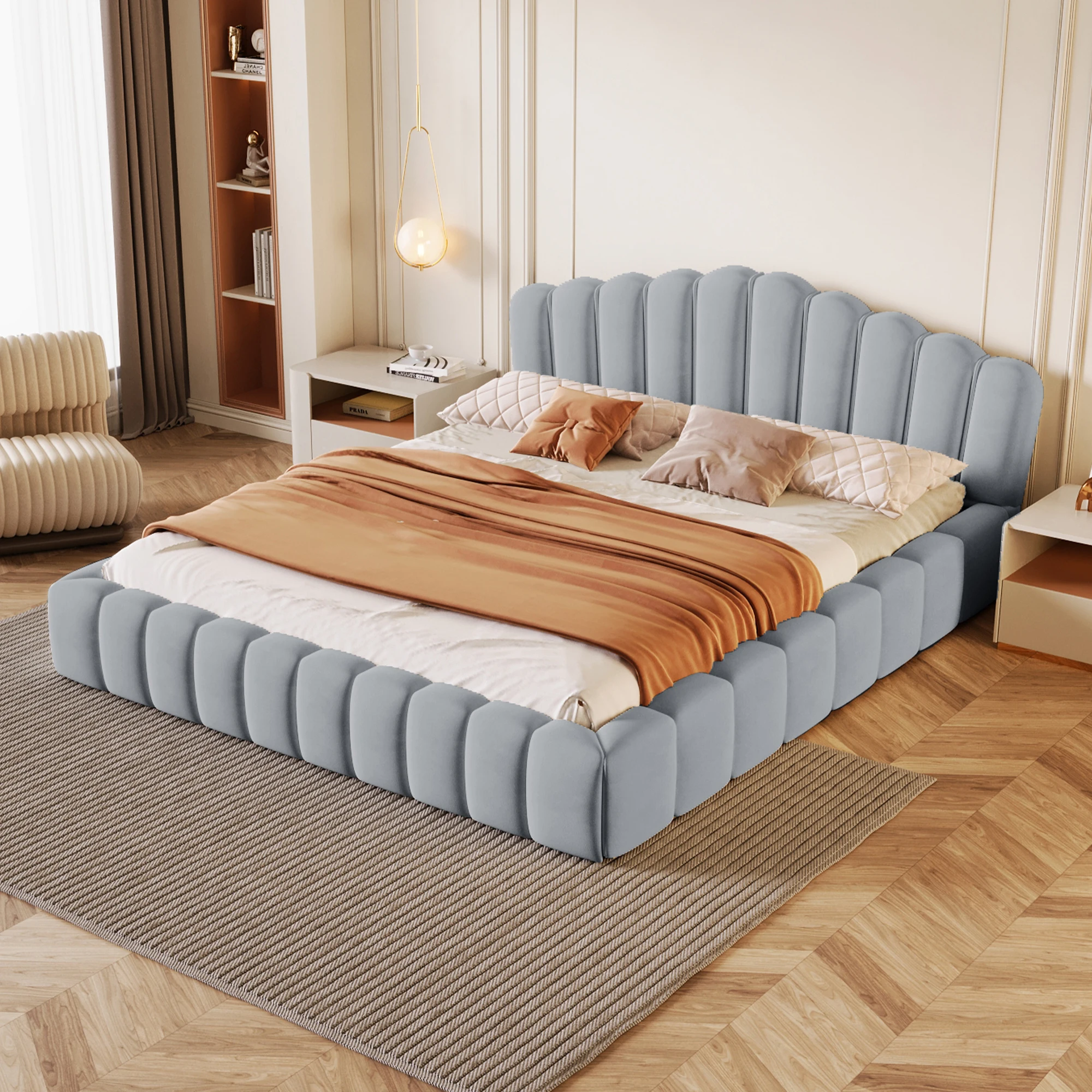 

Upholstered Queen Bed Floor Bed Frame Shell-Shaped Headboard For Bedroom No Box Spring Needed Light Blue Bed