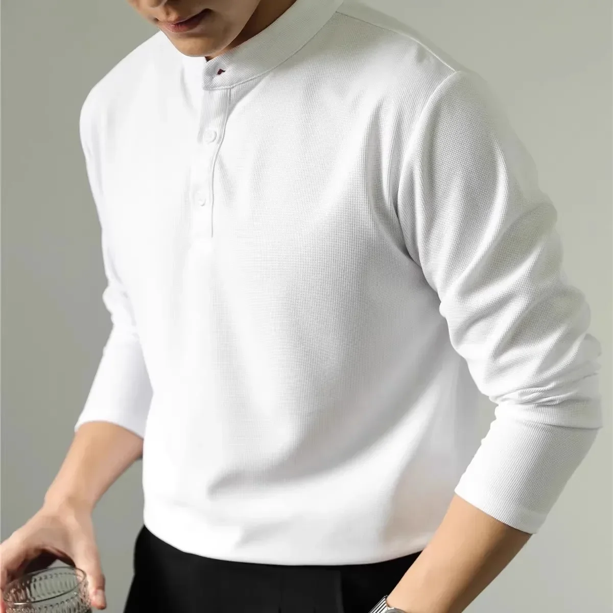 

Pop Men Button Henley Neck Shirt 2024 Men Long Sleeve Casual Tshirts Male Solid Color Fashion T-Shirts Male Fashion Bottoming Sh
