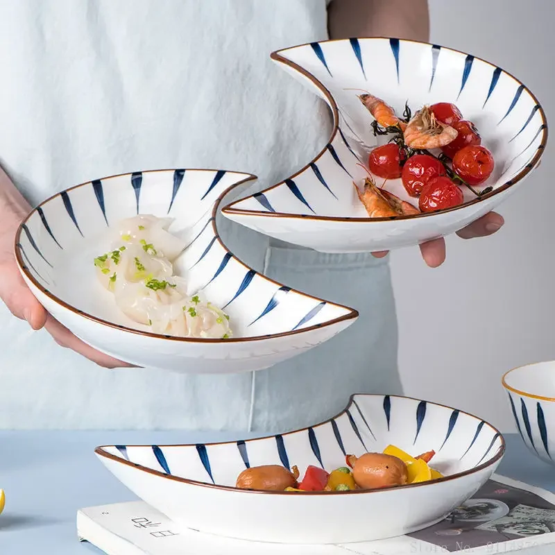 New Moon Shaped Dinner Plate, Stackable Ceramic Food Snack Dessert Tableware, Family Restaurant Supplies, European Platter, 3Pcs