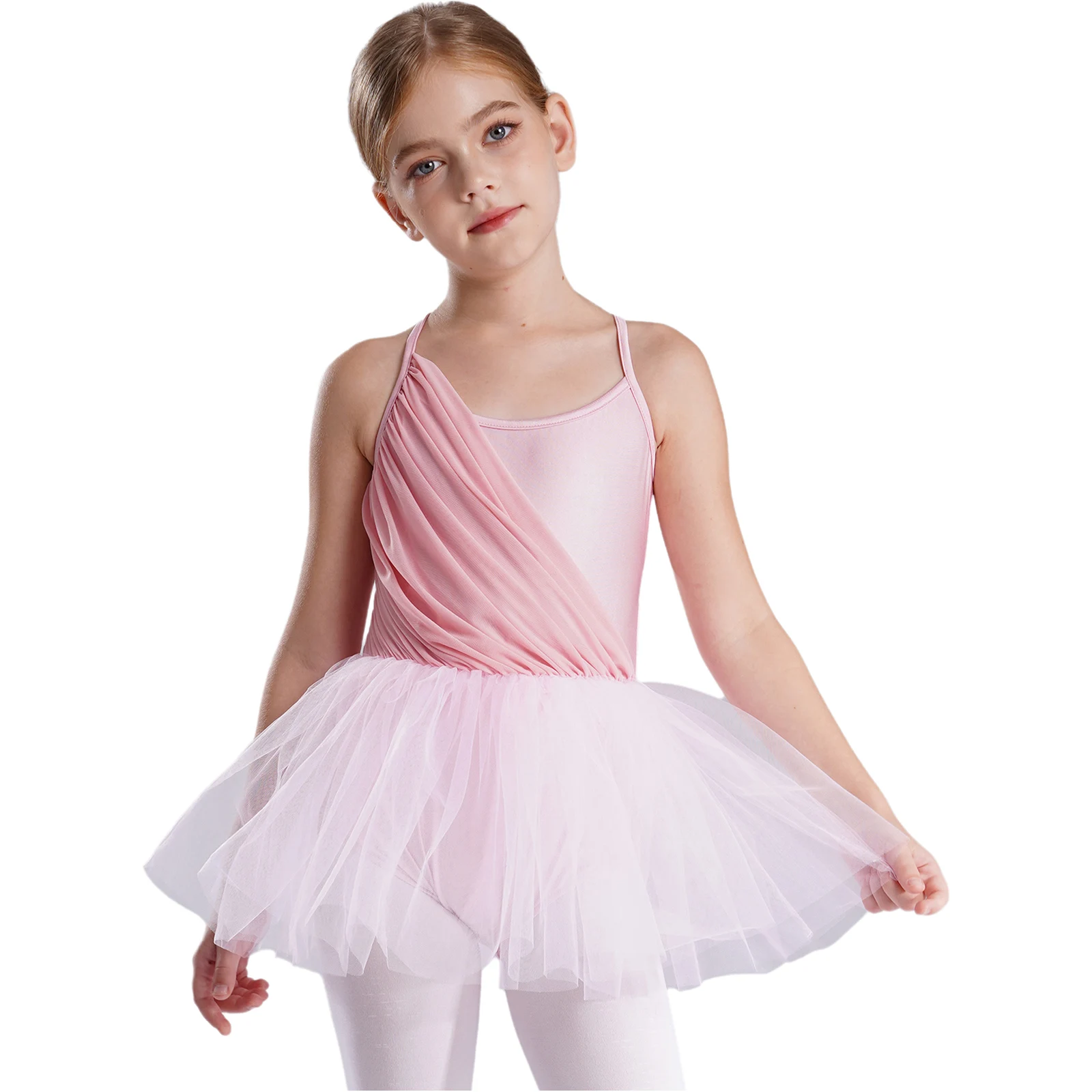 Camisola de baile de Ballet para niñas, vestido de tul con tutú, sin mangas, fruncido, espalda recortada, gimnasia, falda, leotardo, Ropa de baile de bailarina