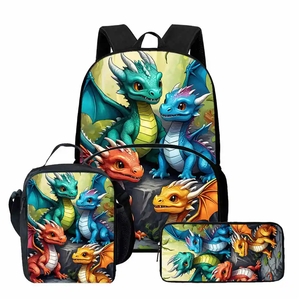Classic Popular Cartoon Dinosaur Print 3pcs/Set Student School Bags Laptop Daypack Backpack Lunch bag Pencil Case