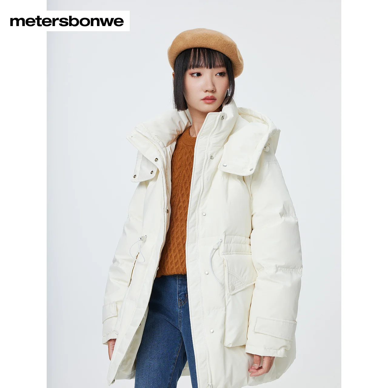 Metersbonwe Long Hooded Down Jacket Women Winter Parker Coat Ladies Warm Jackets Casual White Outerwear