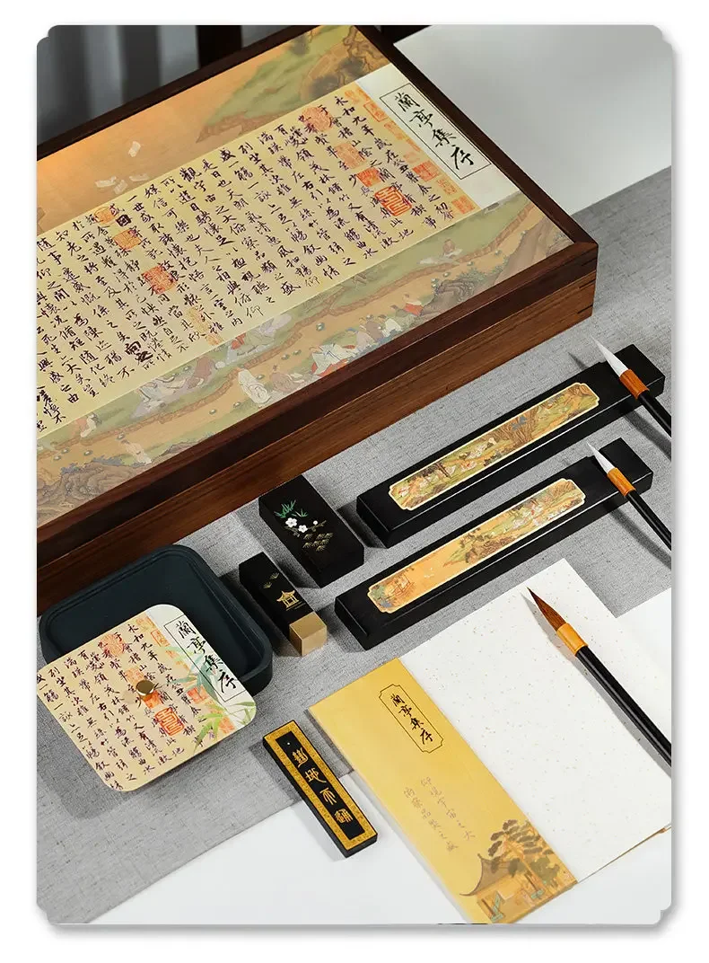 Lanting Collection Preface Study Four Treasures Set Calligraphy Inkstone Brush Ink Ingot Pen Ink Paper Inkstone Pen in Natural