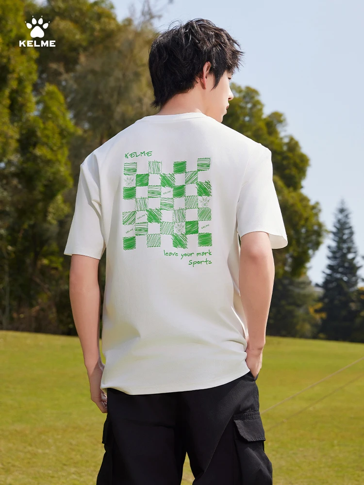 Kelme hommes damier à manches courtes en plein air course à séchage rapide T-shirt ample col rond respirant haut de Football