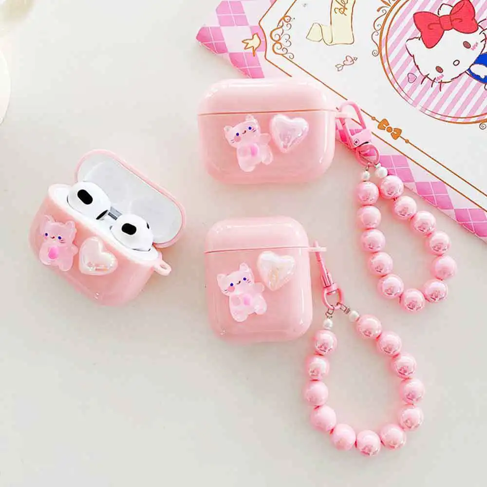 Bonita funda protectora con diseño de gato rosa para AirPods inalámbricos Pro, Compatible con iPhone 11, cubierta de airpods love con cadena