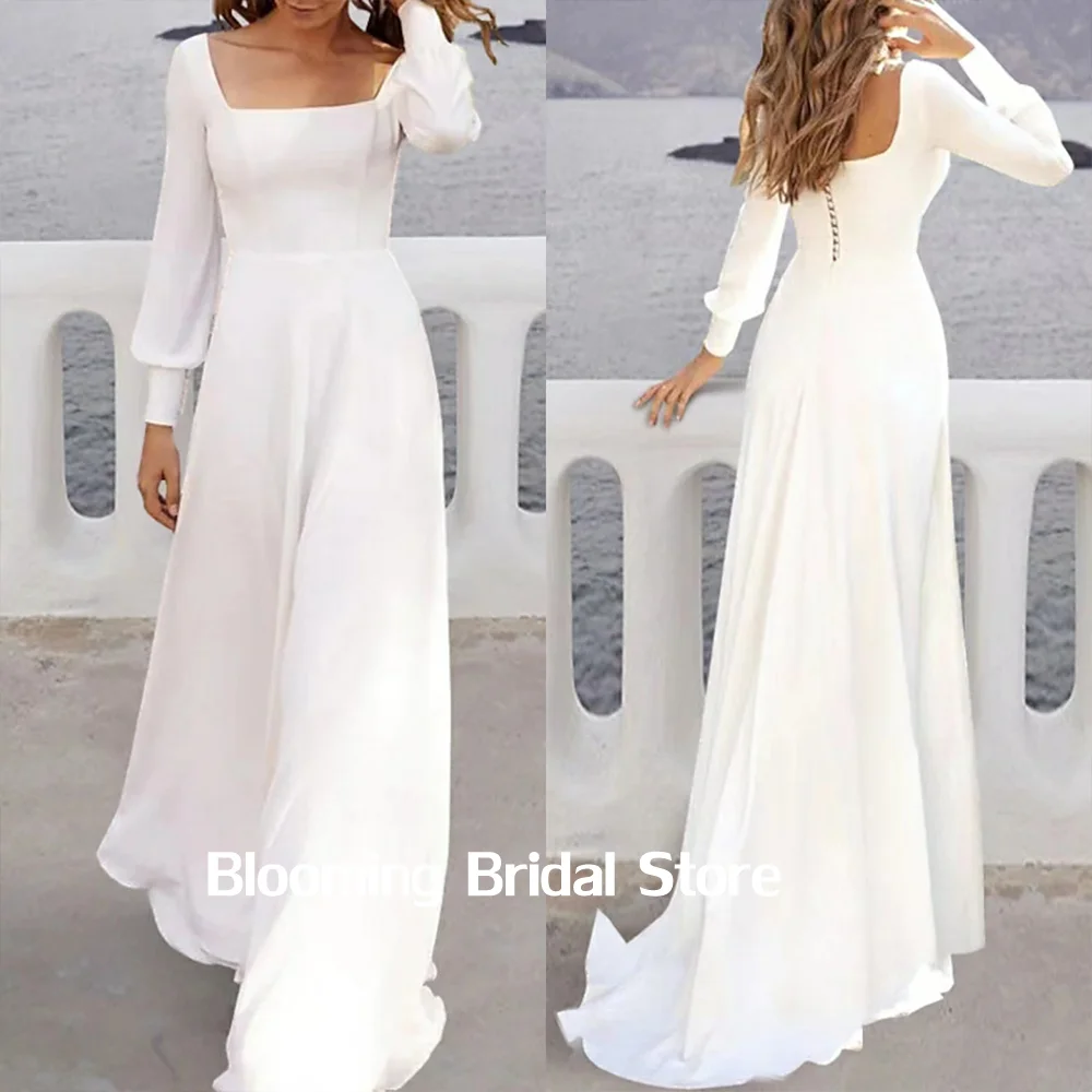 

Boat Neck Full Sleeve A Line Satin Floor Length Wedding Dresses for Women robes invitée mariage