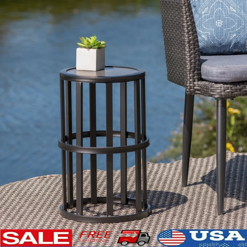 

Outdoor Iron Ceramic Tile Side Table Lightweight Handcrafted Patio Furniture Gray Top Black Frame Perfect Backyard