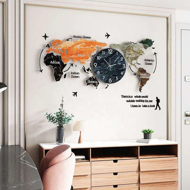 

Modern creative design acrylic wall decor world map shape for living room bedroom dining room background wall hanging clock