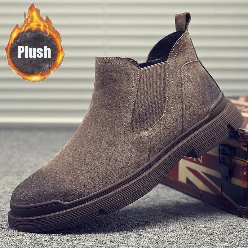 2024 Shoes for Men Autumn Winter Boots Street Classical Suede Genuine Leather Casual Shoes Man Slip-on Plush Chelsea Boots