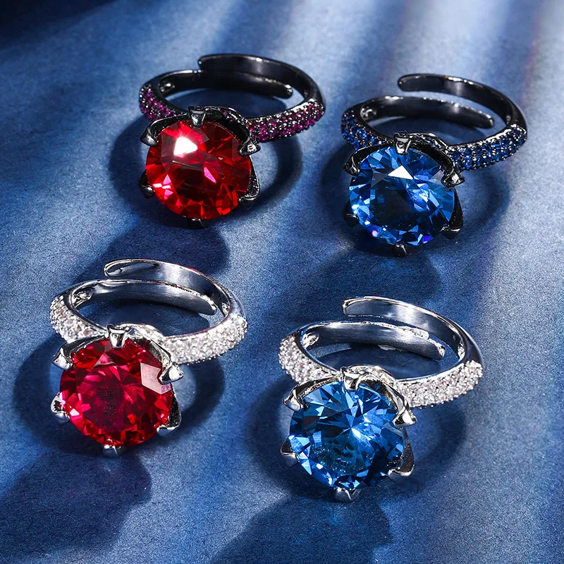 

White/Black Gold Plating Classic Six-Claw Round 12mm Red Ruby Blue Spinel Cubic Zircon Adjustable Ring