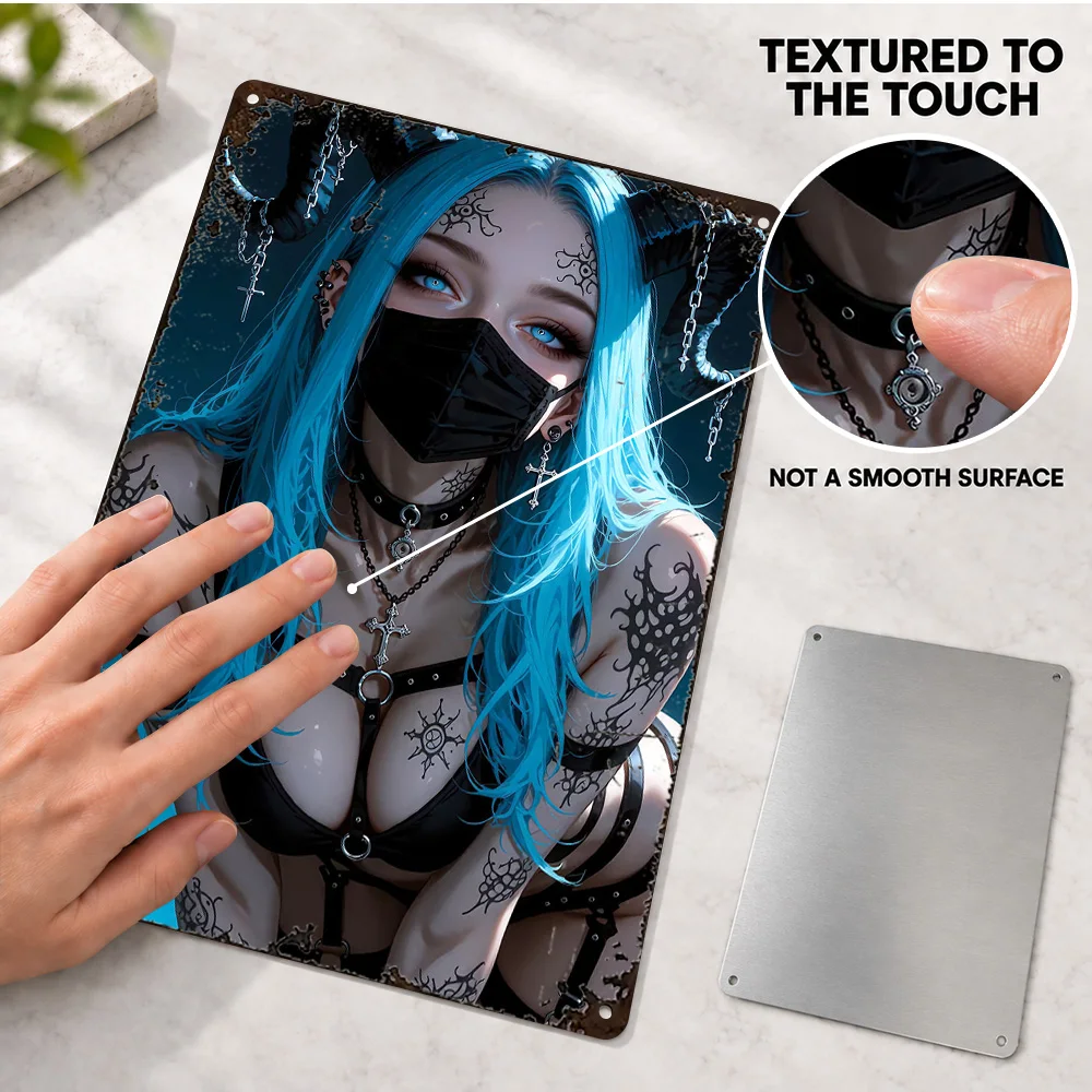 Gothic Demon Girl With Blue Hair Textured Metal Poster Personalized Aluminum Sign Black Mask Graphic Wall Art For Gaming Room