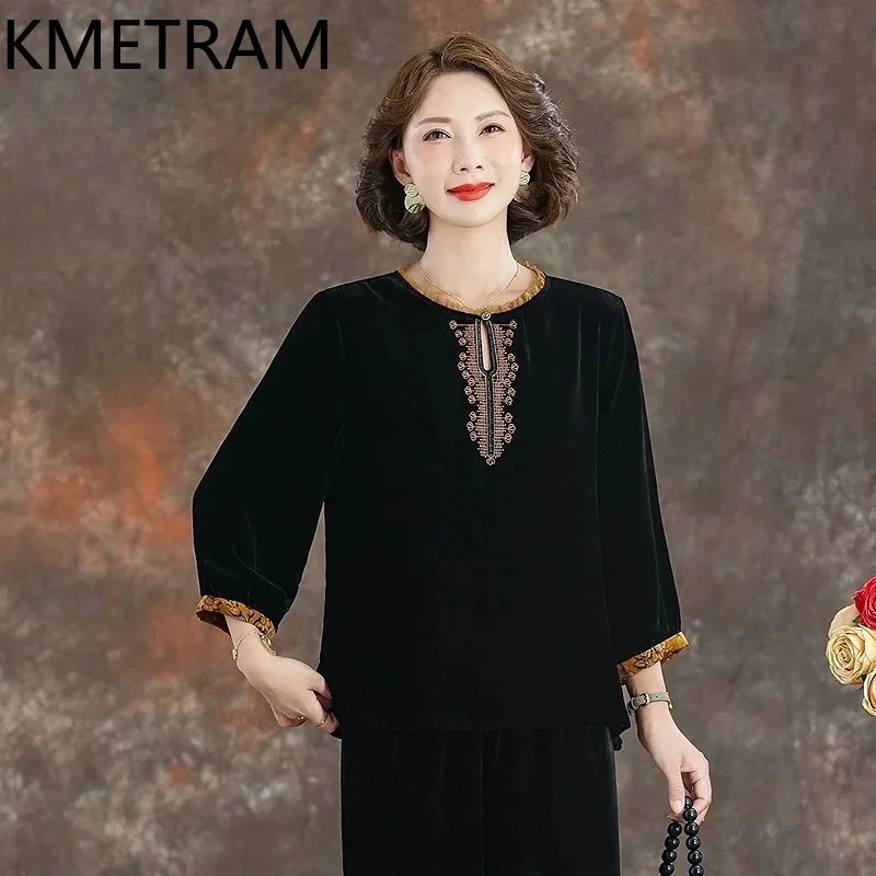 KMETRAM 100% Mulberry Silk Women's Shirts 2026 Spring High-quality Exquisite Embroidered Velvet Long-sleeved Tops Blusa Feminina