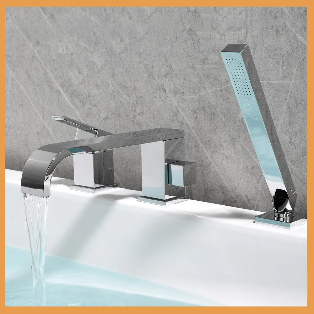 Bathroom Accessories: Copper Split Bathtub Faucet with Three Holes and Handheld Showerhead for Home Use